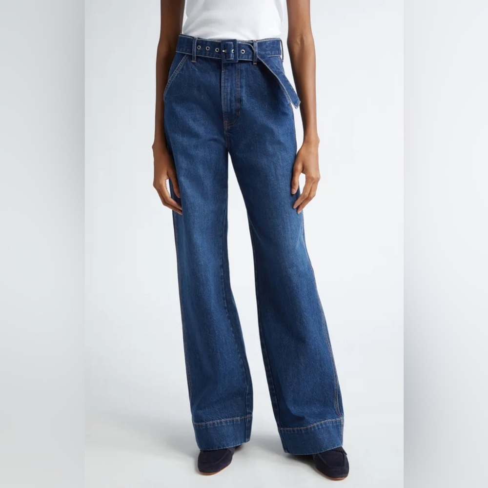Veronica Beard Taylor Wide Leg High Rise Dark Denim Belted Long Trouser Jeans 27 - Picture 9 of 11
